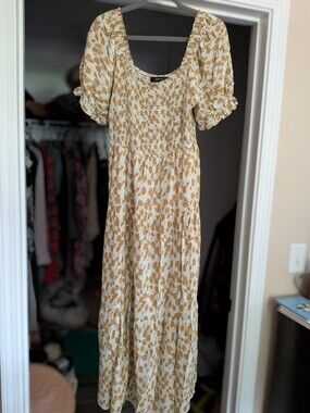 Zesica Smocked Floral Sundress Cream Gold Wedding Party Tiered Cottagecore